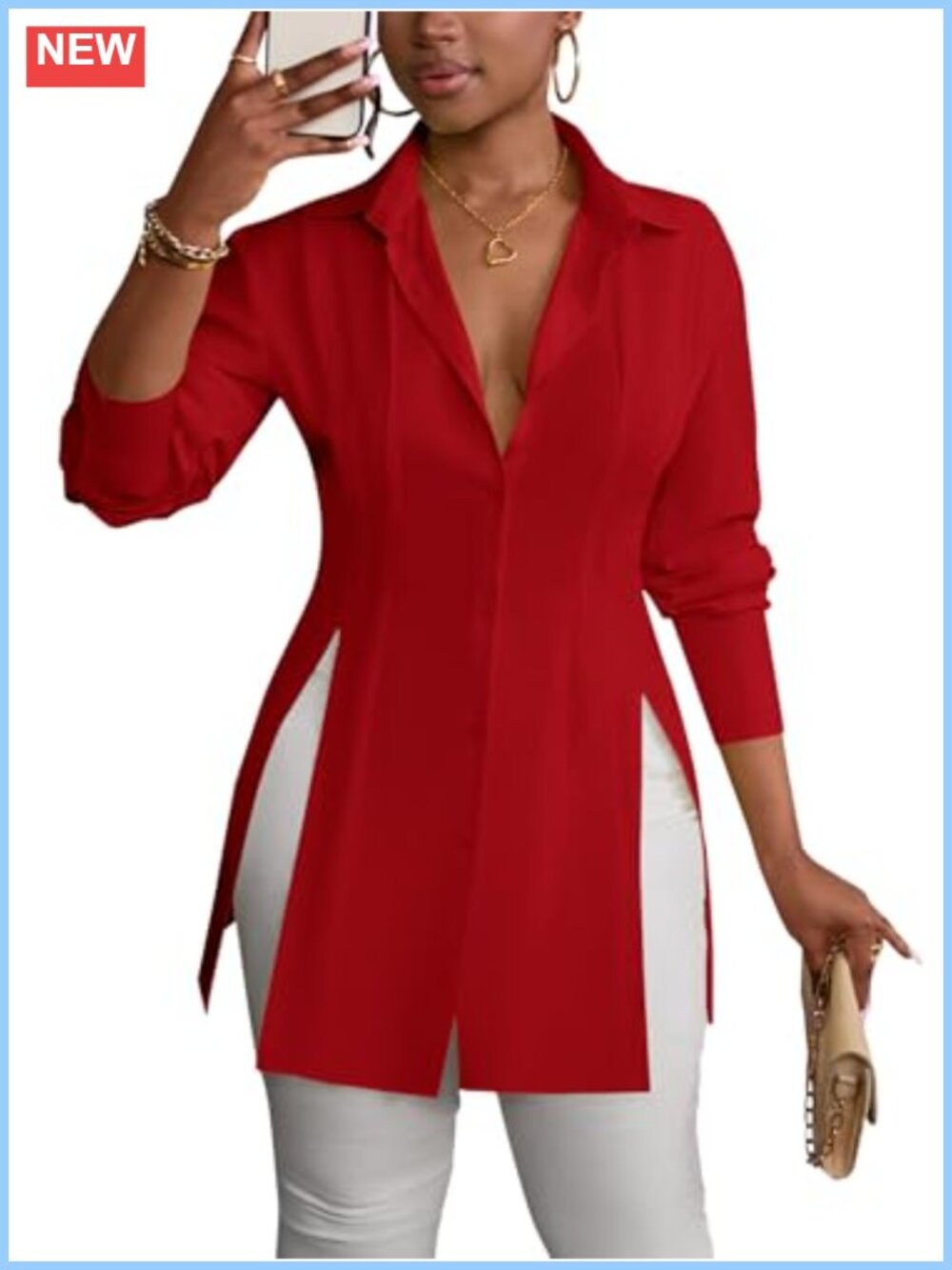 Collared Deep V Neck Button Down Mini Shirt Dress - Picture 3 of 6
